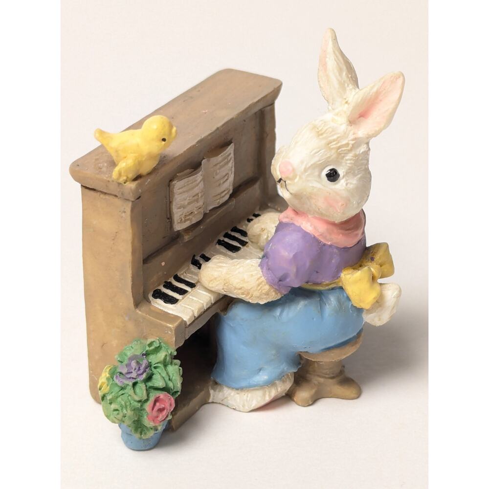 Vtg Cottontail Lane Bunny Mini Figurine Playing Piano with Yellow Bird 1.75"